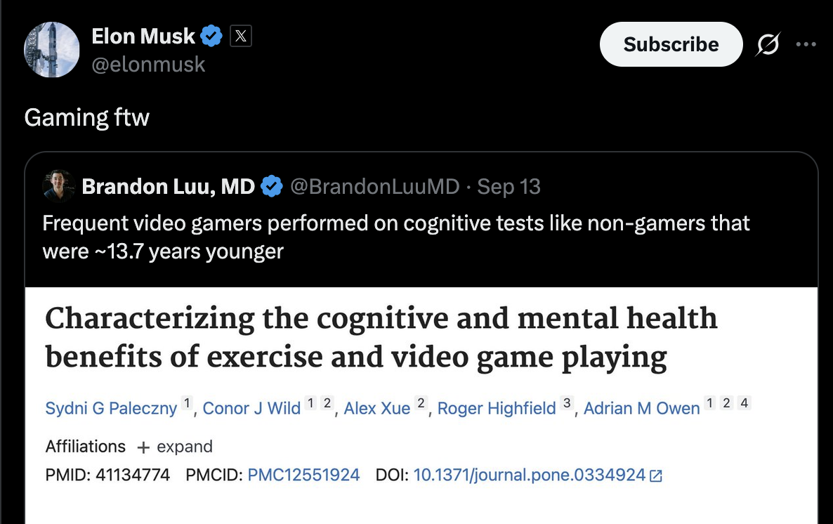 Elon says Gaming FTW